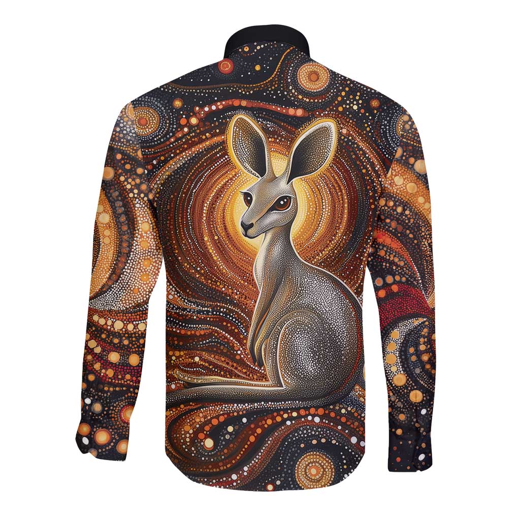 Australian Aboriginal Art Kangaroo Long Sleeve Button Shirt Warm Earth Tones Aboriginal Dot Painting