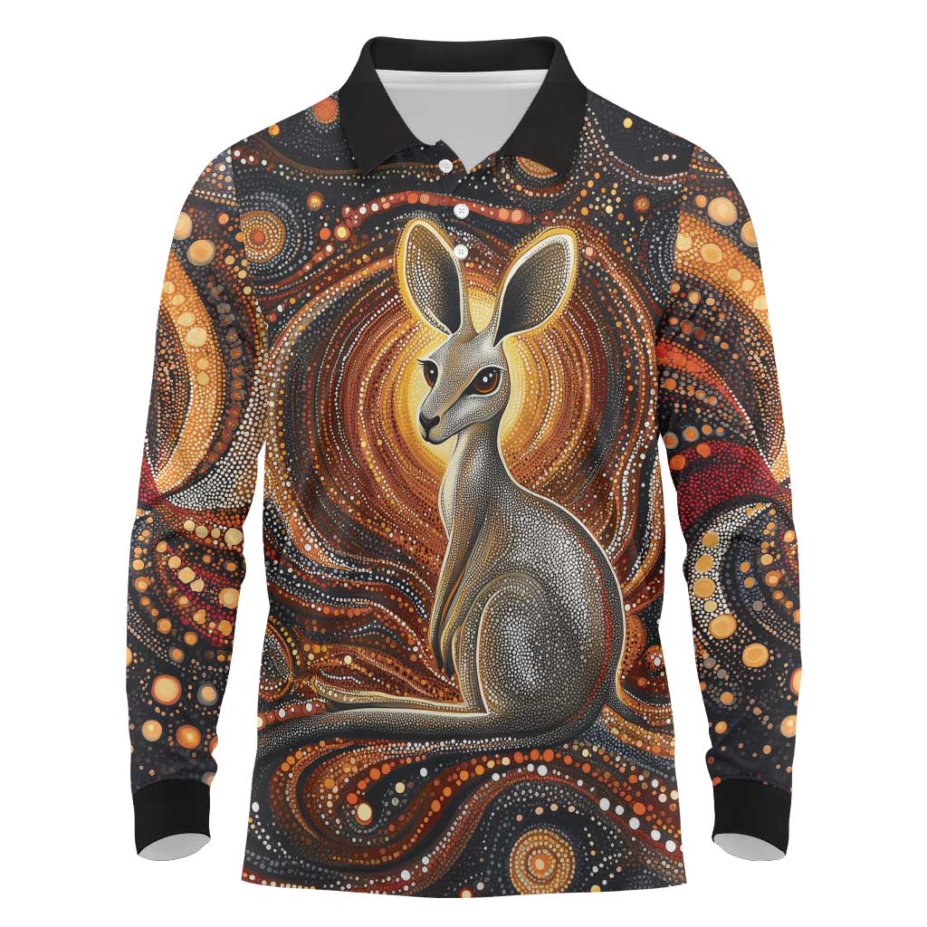 Australian Aboriginal Art Kangaroo Long Sleeve Polo Shirt Warm Earth Tones Aboriginal Dot Painting