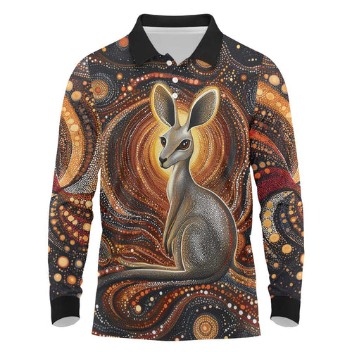 Australian Aboriginal Art Kangaroo Long Sleeve Polo Shirt Warm Earth Tones Aboriginal Dot Painting