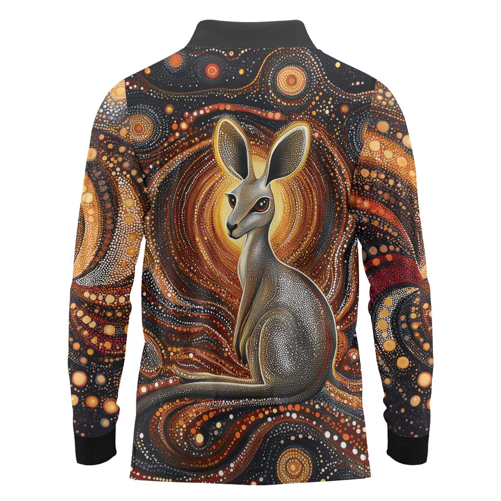 Australian Aboriginal Art Kangaroo Long Sleeve Polo Shirt Warm Earth Tones Aboriginal Dot Painting