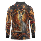 Australian Aboriginal Art Kangaroo Long Sleeve Polo Shirt Warm Earth Tones Aboriginal Dot Painting
