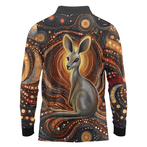Australian Aboriginal Art Kangaroo Long Sleeve Polo Shirt Warm Earth Tones Aboriginal Dot Painting