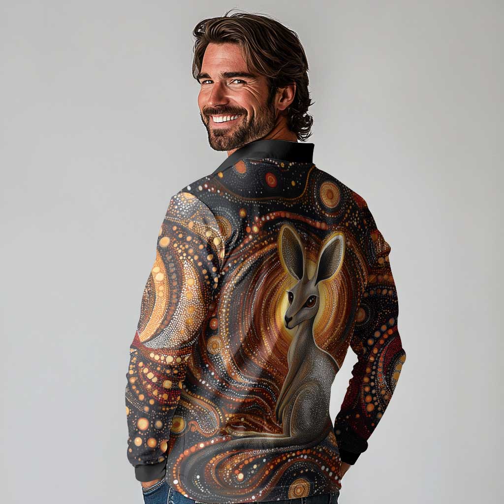 Australian Aboriginal Art Kangaroo Long Sleeve Polo Shirt Warm Earth Tones Aboriginal Dot Painting