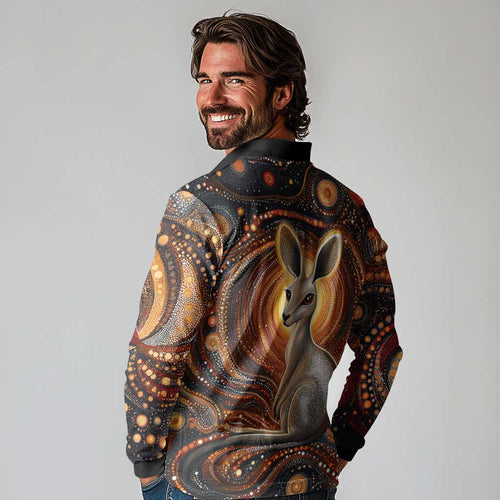 Australian Aboriginal Art Kangaroo Long Sleeve Polo Shirt Warm Earth Tones Aboriginal Dot Painting