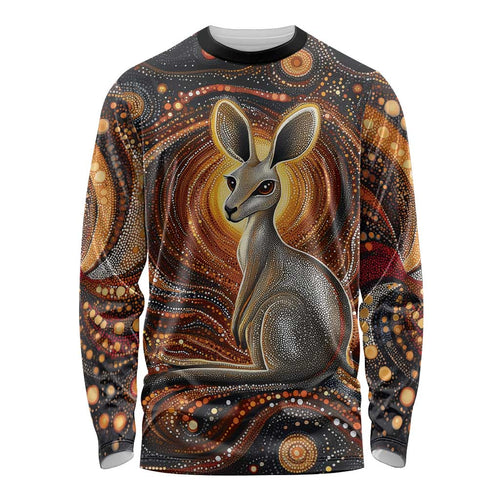 Australian Aboriginal Art Kangaroo Long Sleeve Shirt Warm Earth Tones Aboriginal Dot Painting