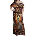 Australian Aboriginal Art Kangaroo Off Shoulder Maxi Dress Warm Earth Tones Aboriginal Dot Painting