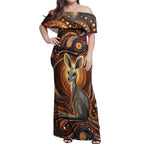 Australian Aboriginal Art Kangaroo Off Shoulder Maxi Dress Warm Earth Tones Aboriginal Dot Painting