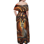 Australian Aboriginal Art Kangaroo Off Shoulder Maxi Dress Warm Earth Tones Aboriginal Dot Painting