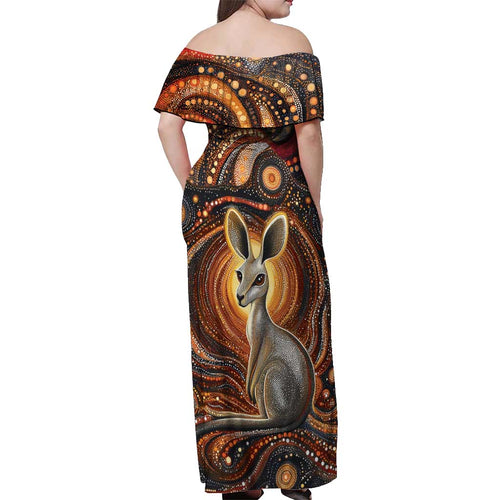 Australian Aboriginal Art Kangaroo Off Shoulder Maxi Dress Warm Earth Tones Aboriginal Dot Painting