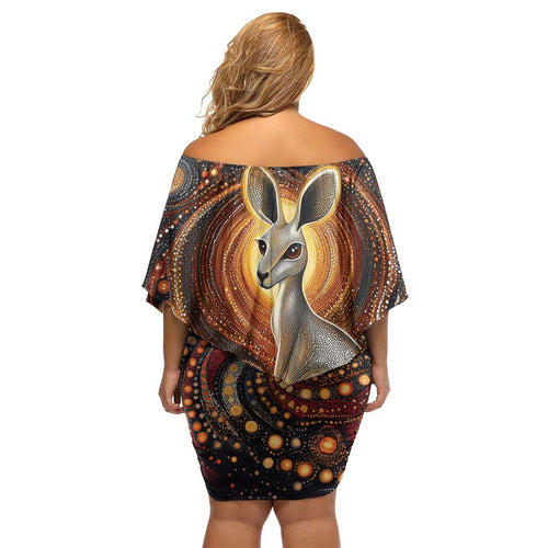Australian Aboriginal Art Kangaroo Off Shoulder Short Dress Warm Earth Tones Aboriginal Dot Painting