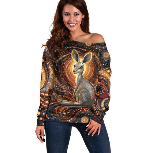 Australian Aboriginal Art Kangaroo Off Shoulder Sweater Warm Earth Tones Aboriginal Dot Painting