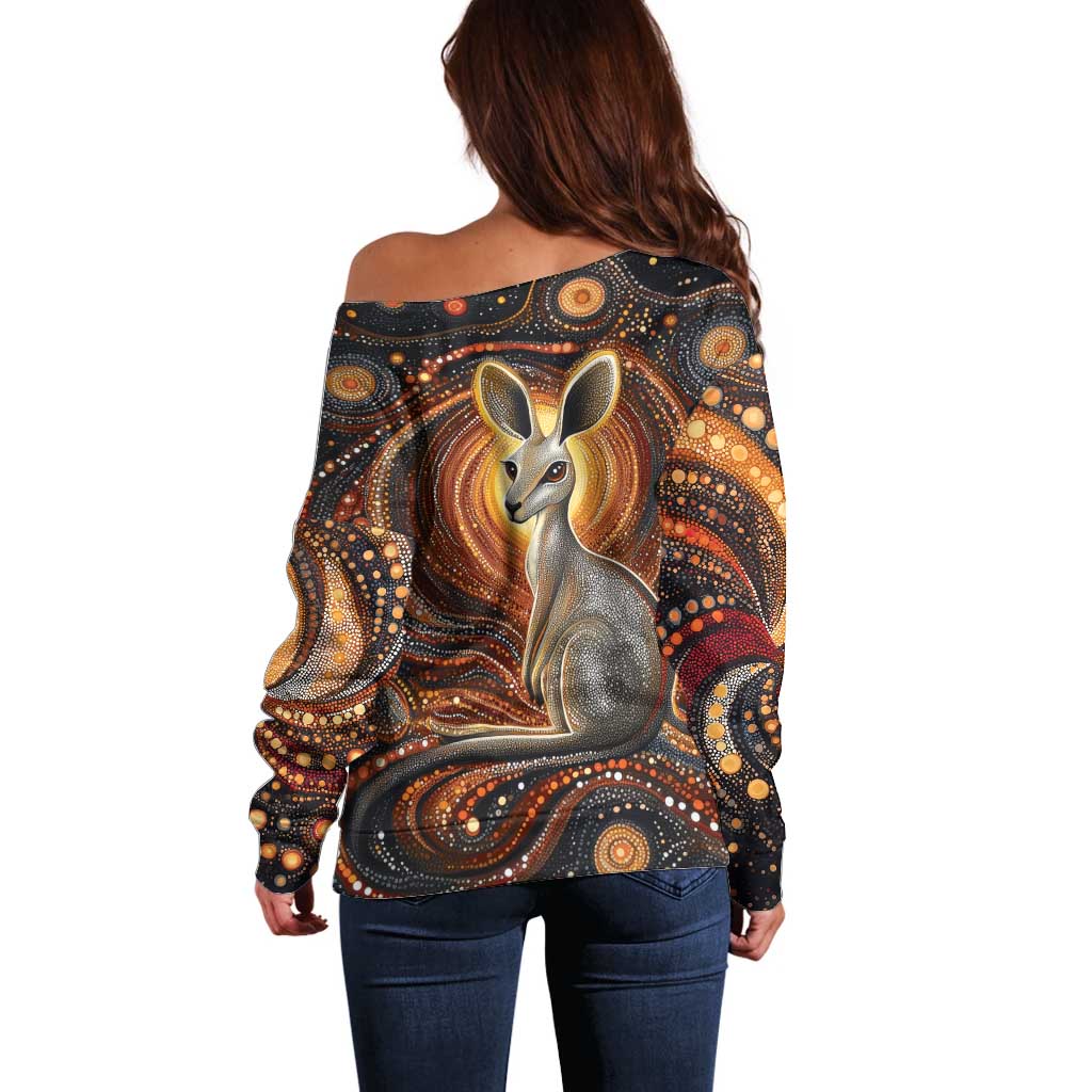 Australian Aboriginal Art Kangaroo Off Shoulder Sweater Warm Earth Tones Aboriginal Dot Painting