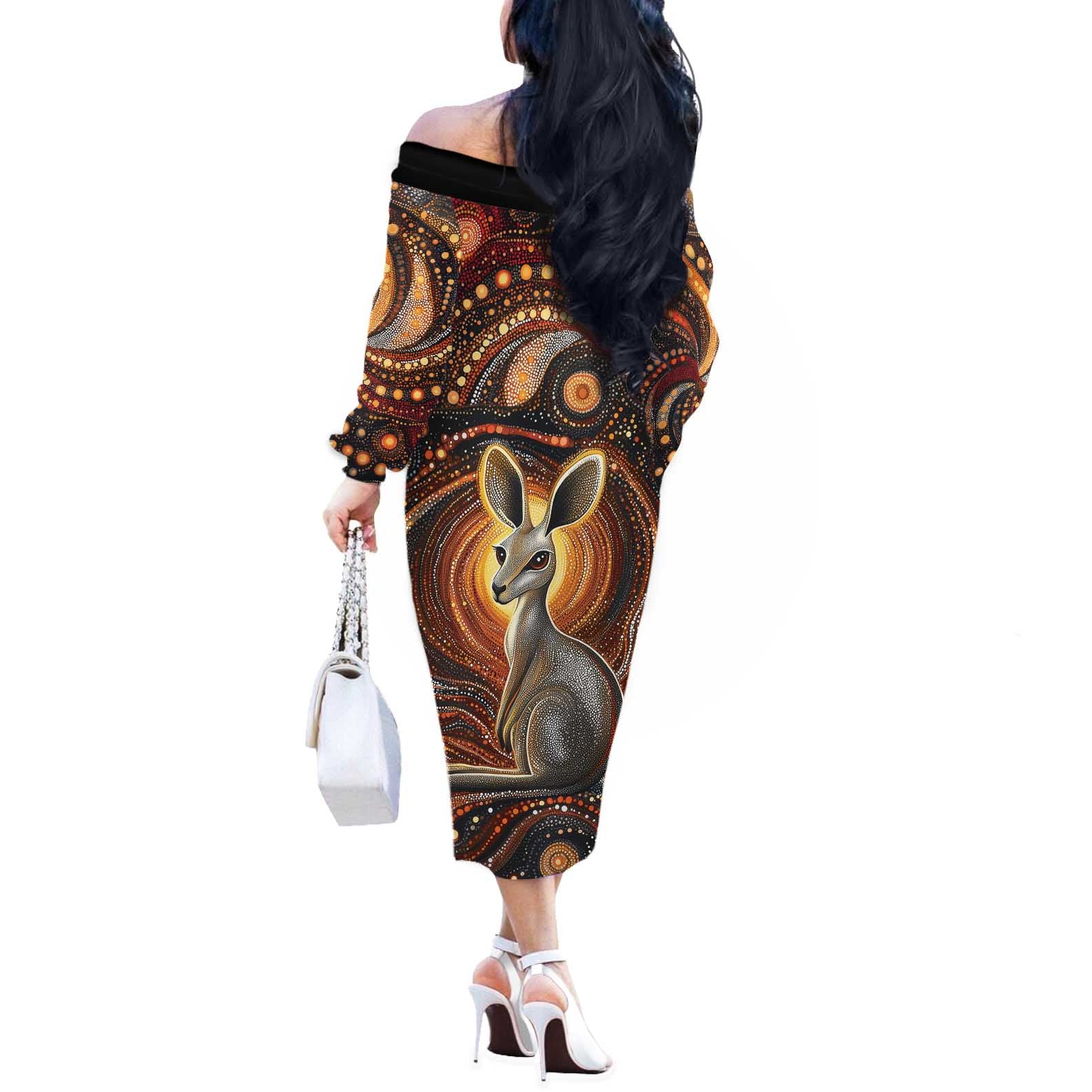 Australian Aboriginal Art Kangaroo Off The Shoulder Long Sleeve Dress Warm Earth Tones Aboriginal Dot Painting