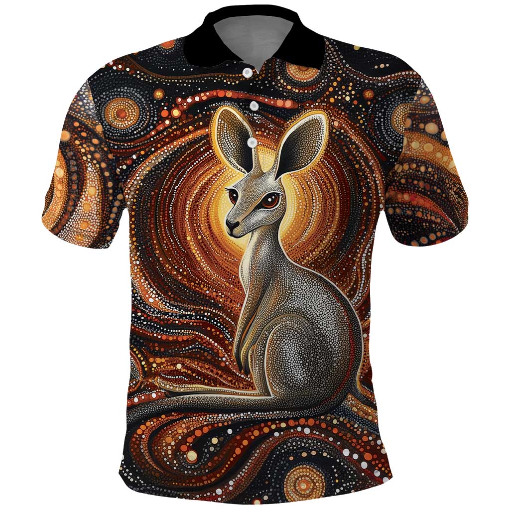 Australian Aboriginal Art Kangaroo Polo Shirt Warm Earth Tones Aboriginal Dot Painting