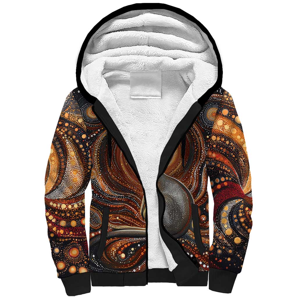 Australian Aboriginal Art Kangaroo Sherpa Hoodie Warm Earth Tones Aboriginal Dot Painting
