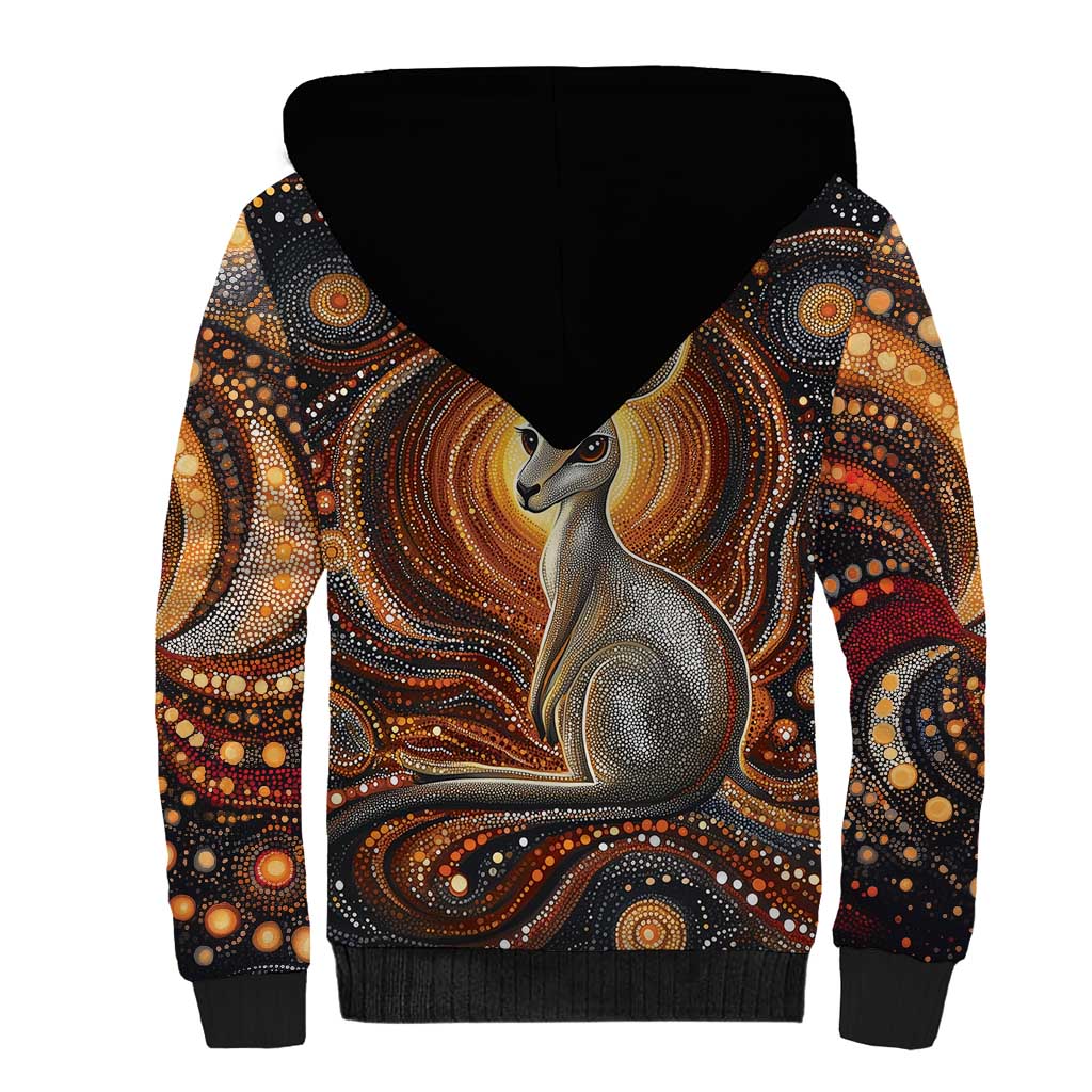 Australian Aboriginal Art Kangaroo Sherpa Hoodie Warm Earth Tones Aboriginal Dot Painting