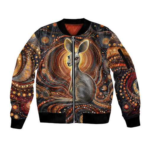 Australian Aboriginal Art Kangaroo Sleeve Zip Bomber Jacket Warm Earth Tones Aboriginal Dot Painting