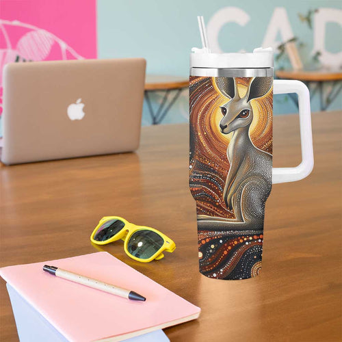 Australian Aboriginal Art Kangaroo Tumbler With Handle Warm Earth Tones Aboriginal Dot Painting