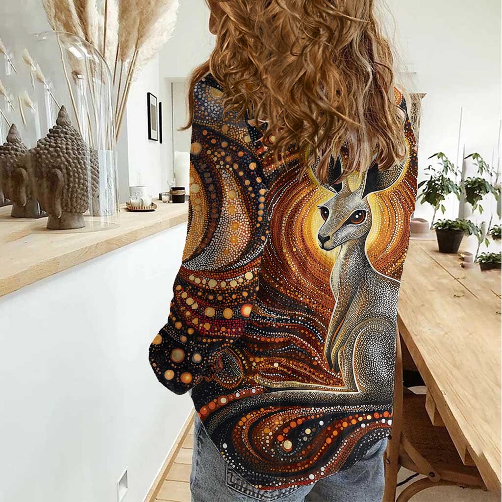 Australian Aboriginal Art Kangaroo Women Casual Shirt Warm Earth Tones Aboriginal Dot Painting