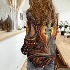 Australian Aboriginal Art Kangaroo Women Casual Shirt Warm Earth Tones Aboriginal Dot Painting