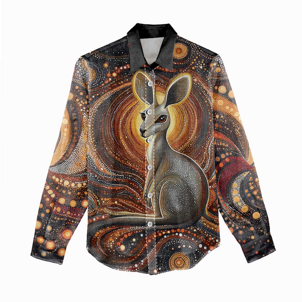 Australian Aboriginal Art Kangaroo Women Casual Shirt Warm Earth Tones Aboriginal Dot Painting