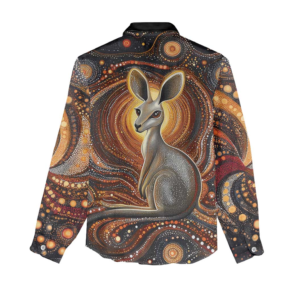 Australian Aboriginal Art Kangaroo Women Casual Shirt Warm Earth Tones Aboriginal Dot Painting