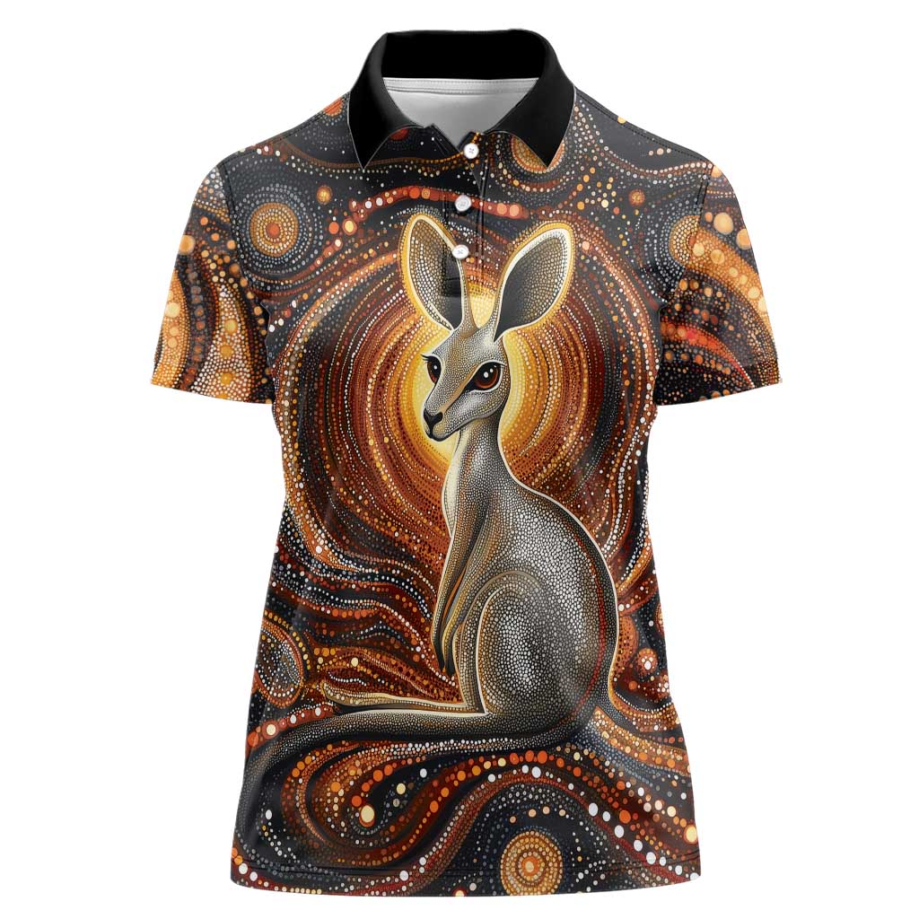 Australian Aboriginal Art Kangaroo Women Polo Shirt Warm Earth Tones Aboriginal Dot Painting