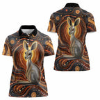 Australian Aboriginal Art Kangaroo Women Polo Shirt Warm Earth Tones Aboriginal Dot Painting