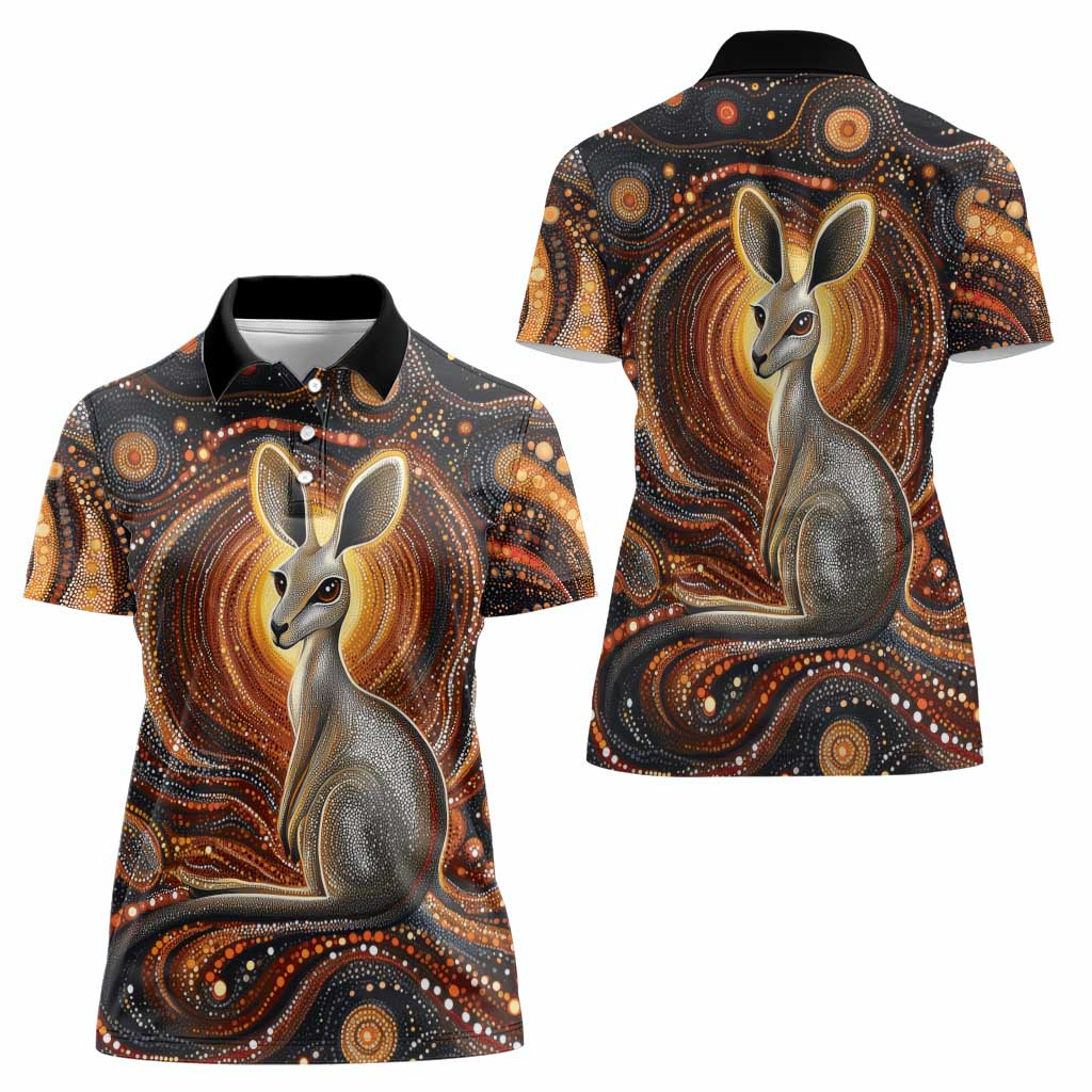Australian Aboriginal Art Kangaroo Women Polo Shirt Warm Earth Tones Aboriginal Dot Painting