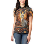 Australian Aboriginal Art Kangaroo Women Polo Shirt Warm Earth Tones Aboriginal Dot Painting