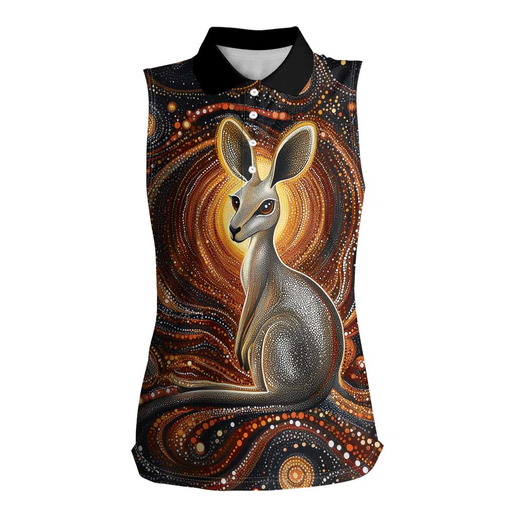 Australian Aboriginal Art Kangaroo Women Sleeveless Polo Shirt Warm Earth Tones Aboriginal Dot Painting