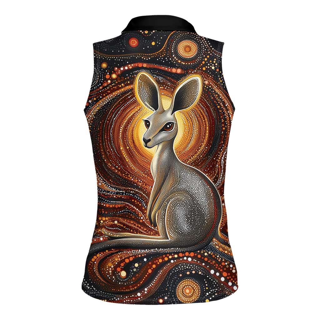 Australian Aboriginal Art Kangaroo Women Sleeveless Polo Shirt Warm Earth Tones Aboriginal Dot Painting