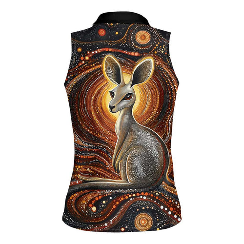Australian Aboriginal Art Kangaroo Women Sleeveless Polo Shirt Warm Earth Tones Aboriginal Dot Painting