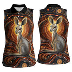 Australian Aboriginal Art Kangaroo Women Sleeveless Polo Shirt Warm Earth Tones Aboriginal Dot Painting