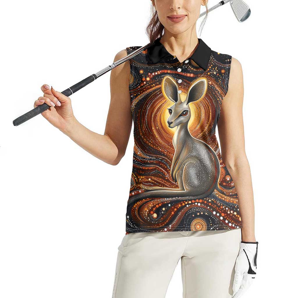 Australian Aboriginal Art Kangaroo Women Sleeveless Polo Shirt Warm Earth Tones Aboriginal Dot Painting
