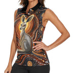 Australian Aboriginal Art Kangaroo Women Sleeveless Polo Shirt Warm Earth Tones Aboriginal Dot Painting