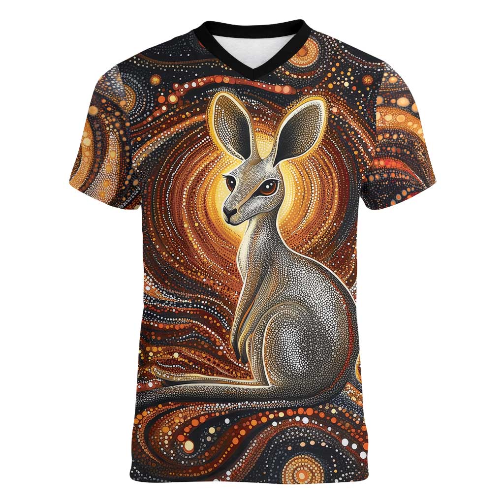 Australian Aboriginal Art Kangaroo Women V-Neck T-Shirt Warm Earth Tones Aboriginal Dot Painting