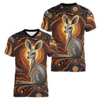 Australian Aboriginal Art Kangaroo Women V-Neck T-Shirt Warm Earth Tones Aboriginal Dot Painting