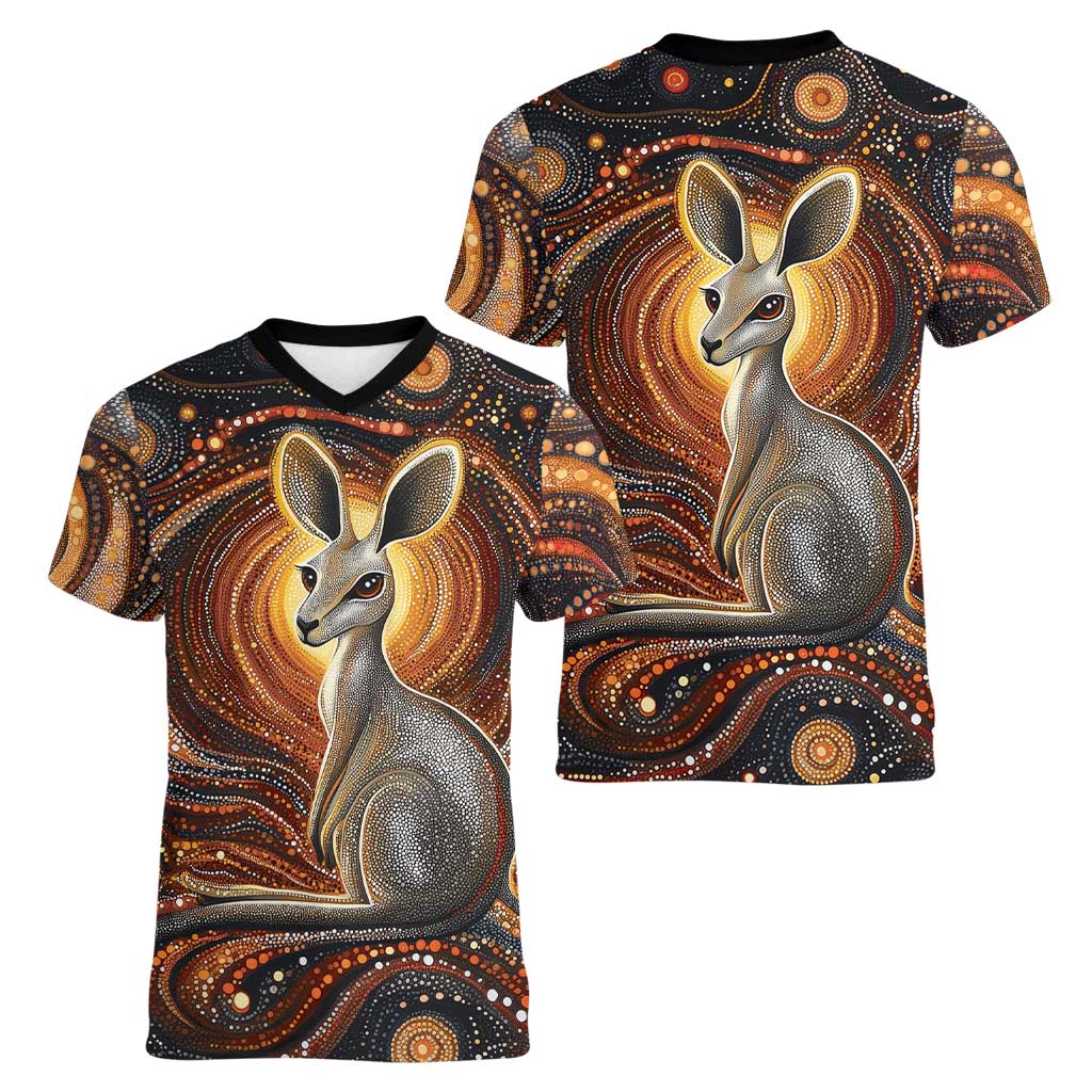 Australian Aboriginal Art Kangaroo Women V-Neck T-Shirt Warm Earth Tones Aboriginal Dot Painting