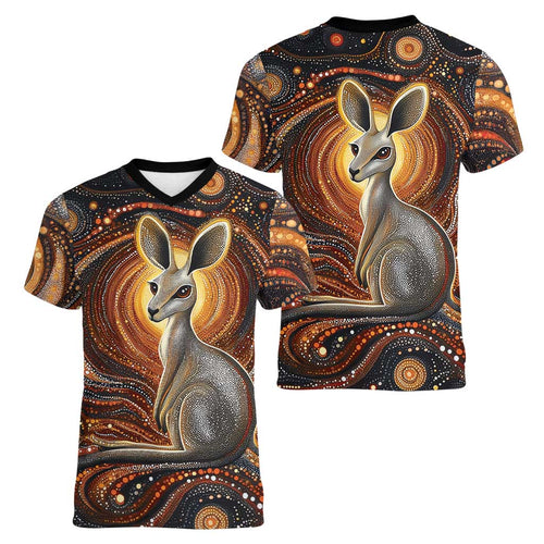 Australian Aboriginal Art Kangaroo Women V-Neck T-Shirt Warm Earth Tones Aboriginal Dot Painting
