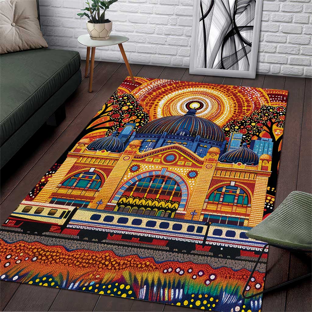 Australian Flinders Street Railway Station Area Rug Aboriginal Dot Painting