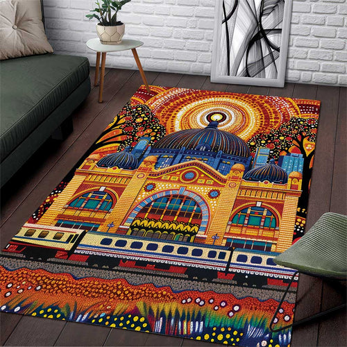 Australian Flinders Street Railway Station Area Rug Aboriginal Dot Painting
