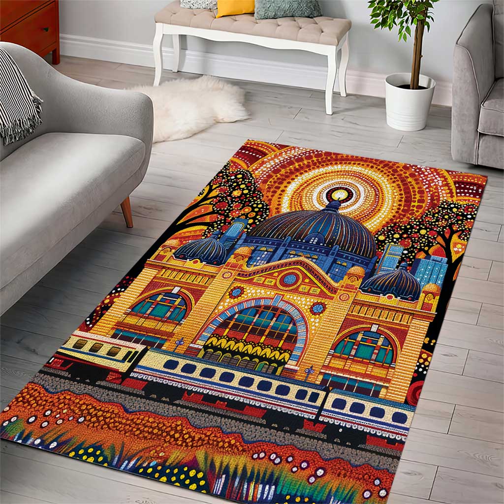 Australian Flinders Street Railway Station Area Rug Aboriginal Dot Painting