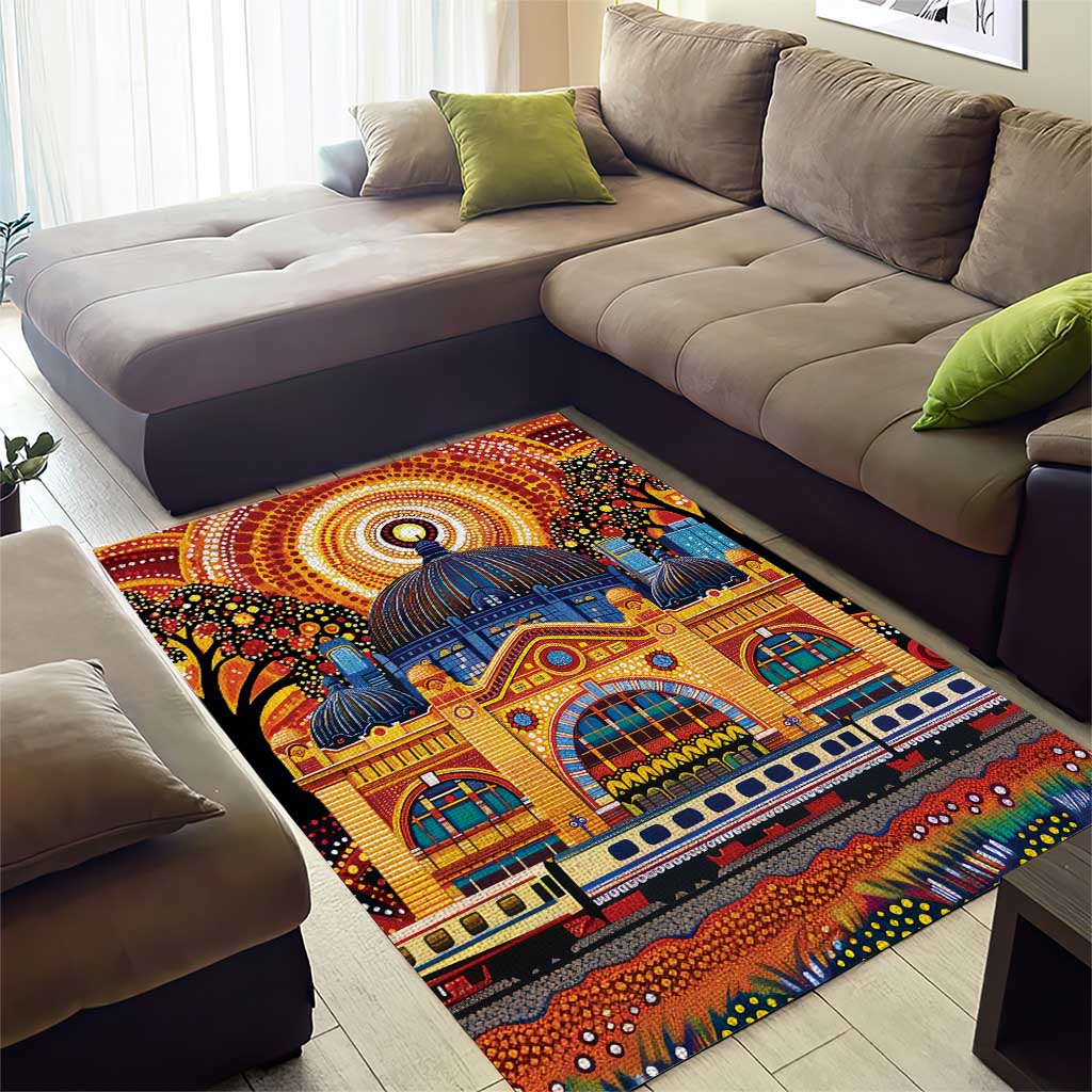 Australian Flinders Street Railway Station Area Rug Aboriginal Dot Painting