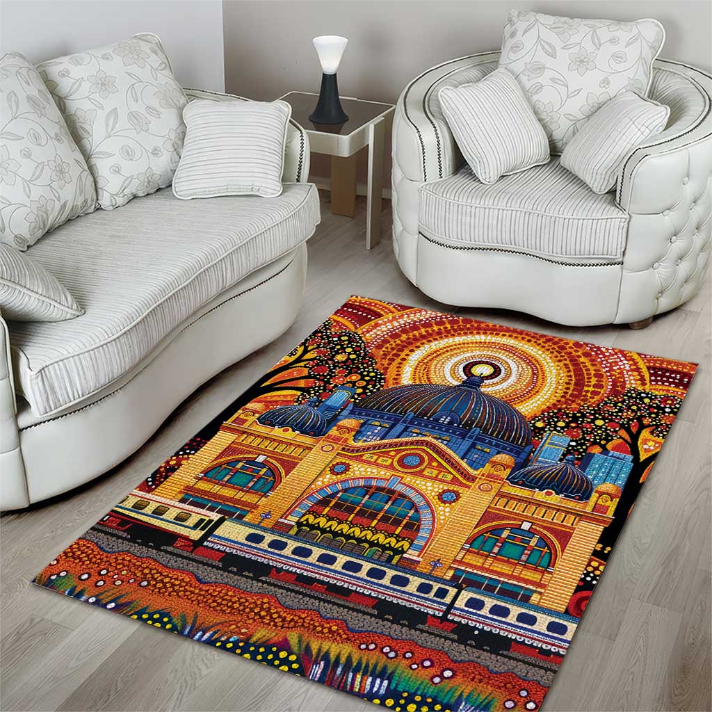 Australian Flinders Street Railway Station Area Rug Aboriginal Dot Painting