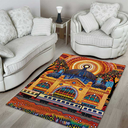 Australian Flinders Street Railway Station Area Rug Aboriginal Dot Painting