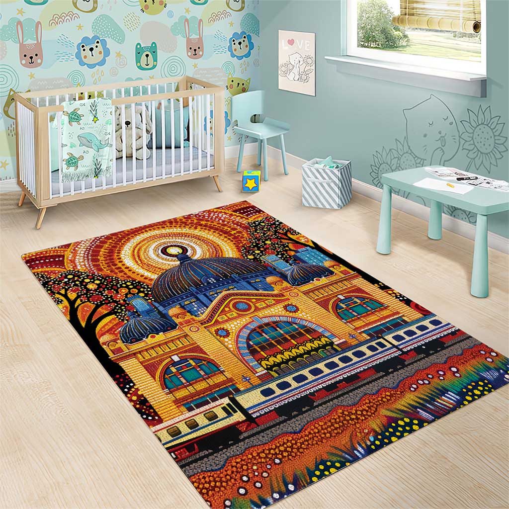 Australian Flinders Street Railway Station Area Rug Aboriginal Dot Painting