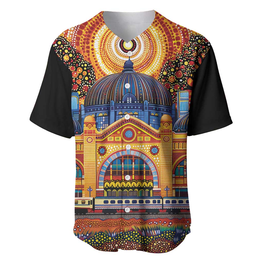 Australian Flinders Street Railway Station Baseball Jersey Aboriginal Dot Painting