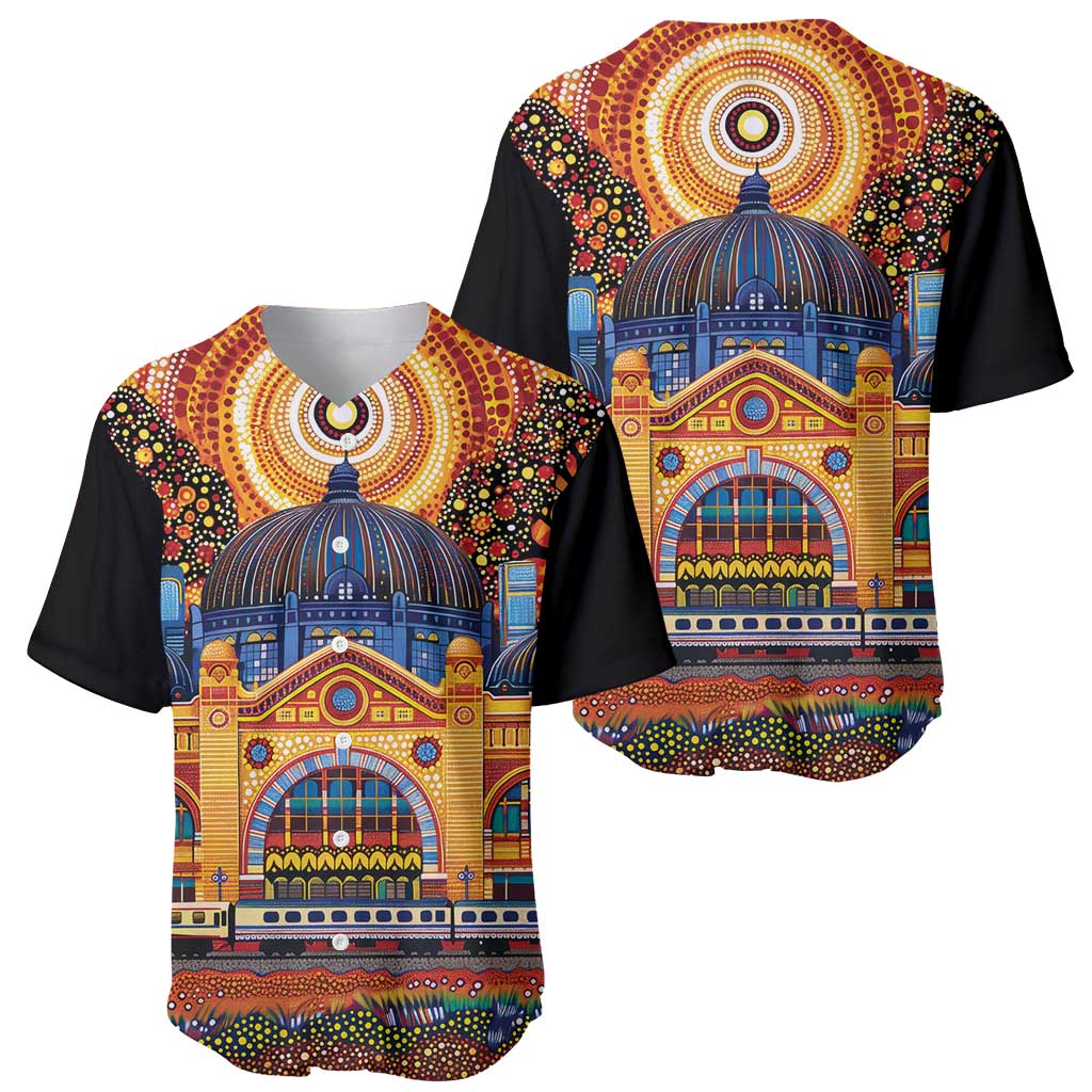 Australian Flinders Street Railway Station Baseball Jersey Aboriginal Dot Painting