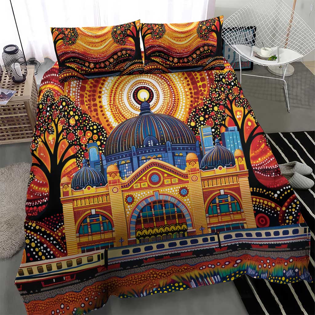 Australian Flinders Street Railway Station Bedding Set Aboriginal Dot Painting